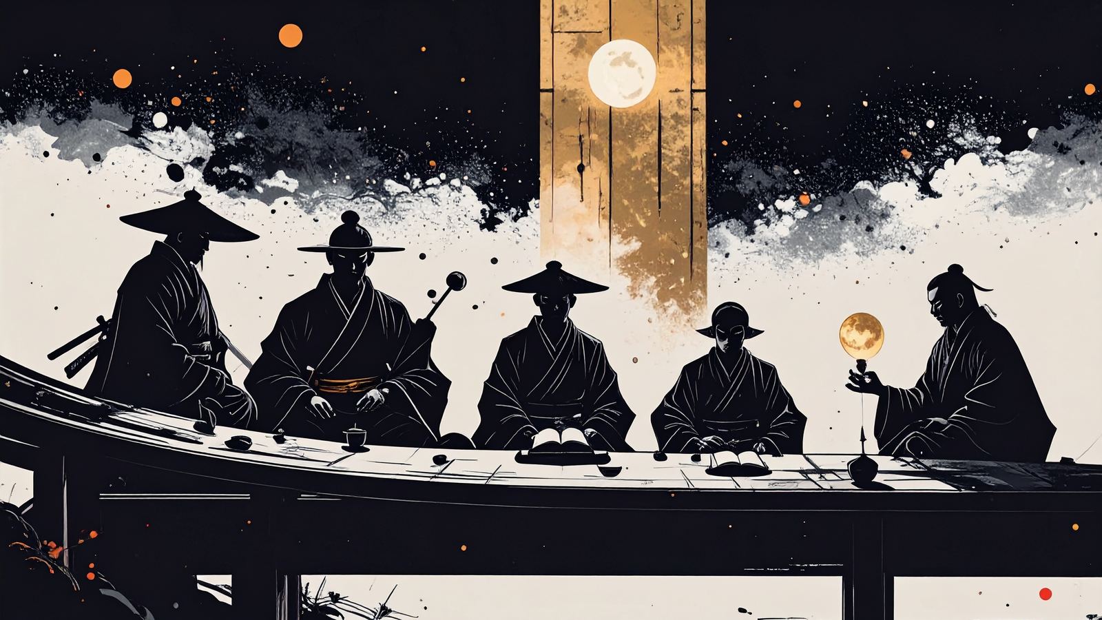 five silhouettes at a long curved table before a glowing doorway