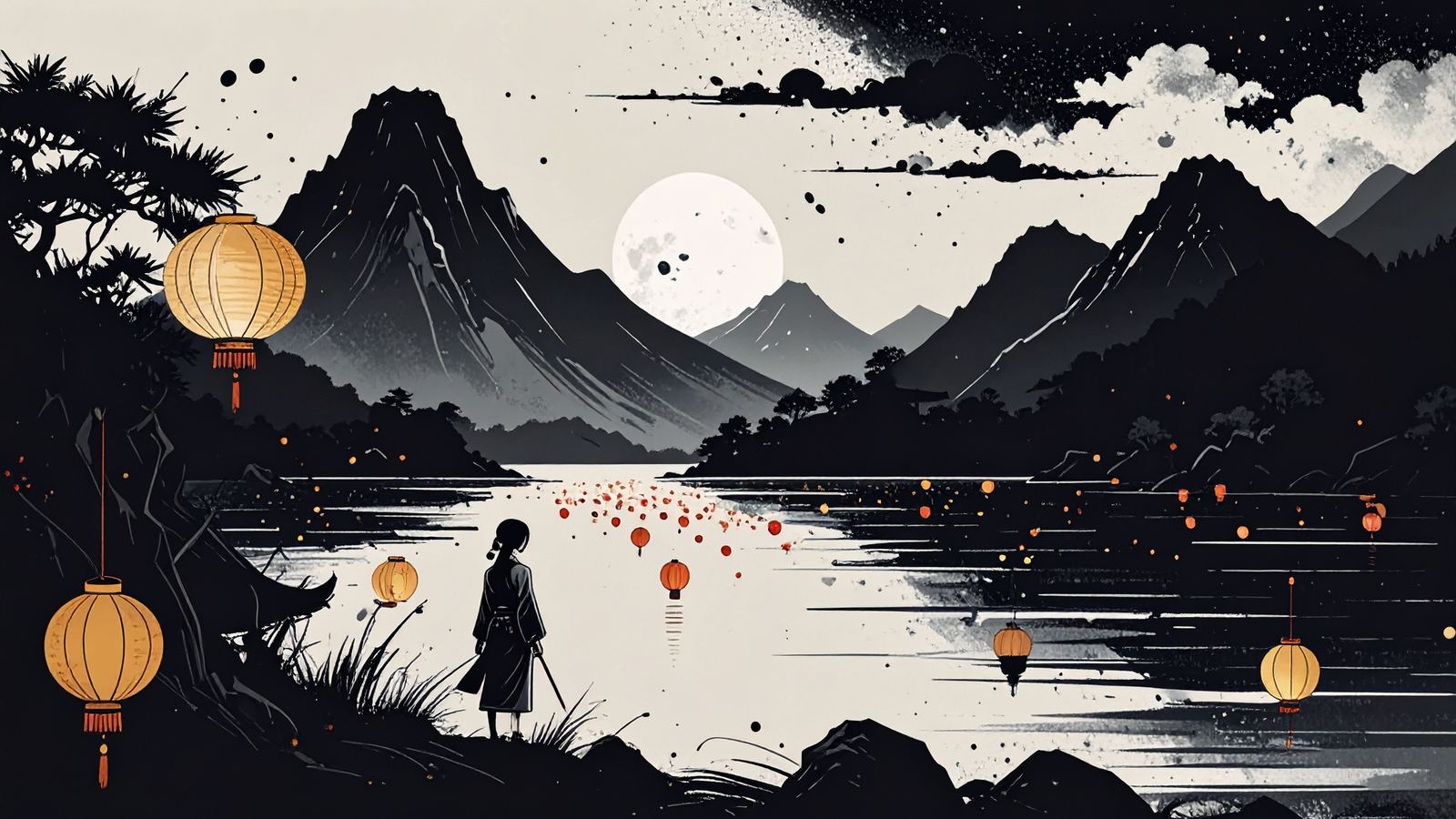 paper lanterns carried down a dark river