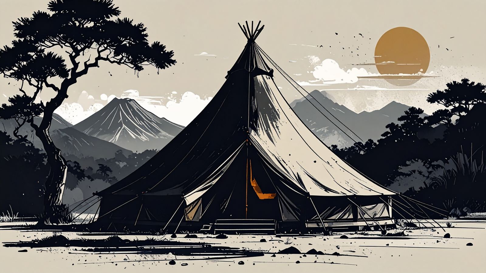 a single canvas tent in side profile: pole, two guy ropes, two stakes