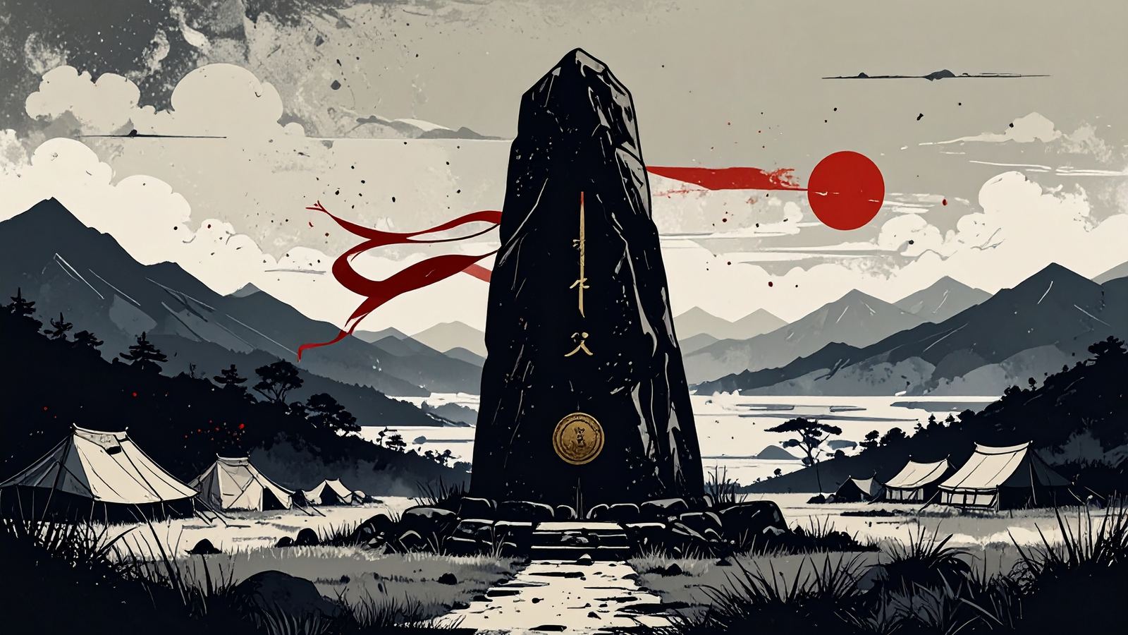 a standing stone at the camp entrance with a carved line, a brass gauge, and a wind ribbon