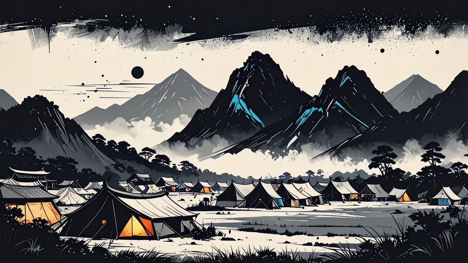 forty-seven small tents at night, forty-five glowing, two dark