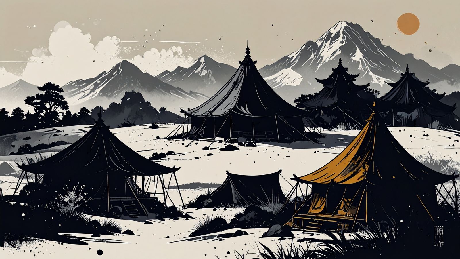a camp of tents: one collapsed in snow, one leaning, two standing in sun