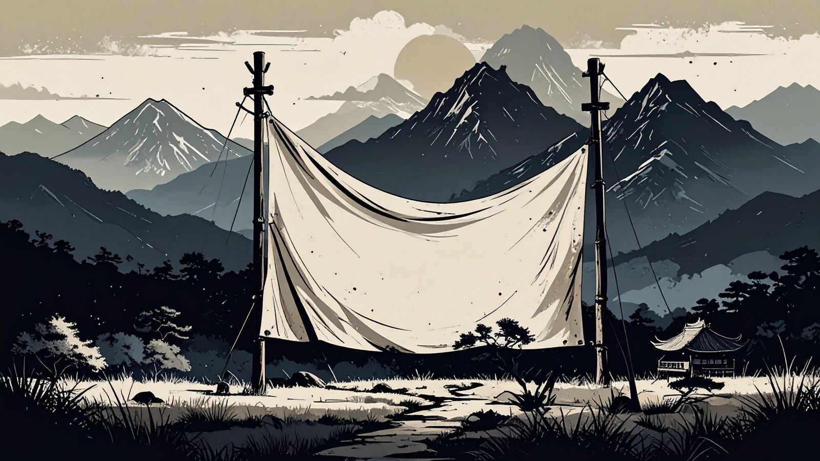 a canvas banner on a pole at dawn