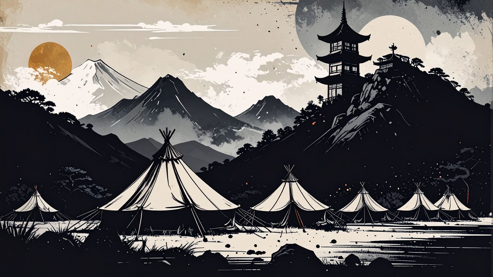 A row of canvas tents along a high plain at golden hour, a bell tower on the ridge