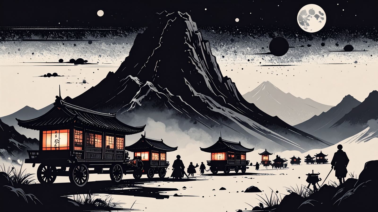 a caravan of lantern-lit wagons camped at the foot of a mountain at night