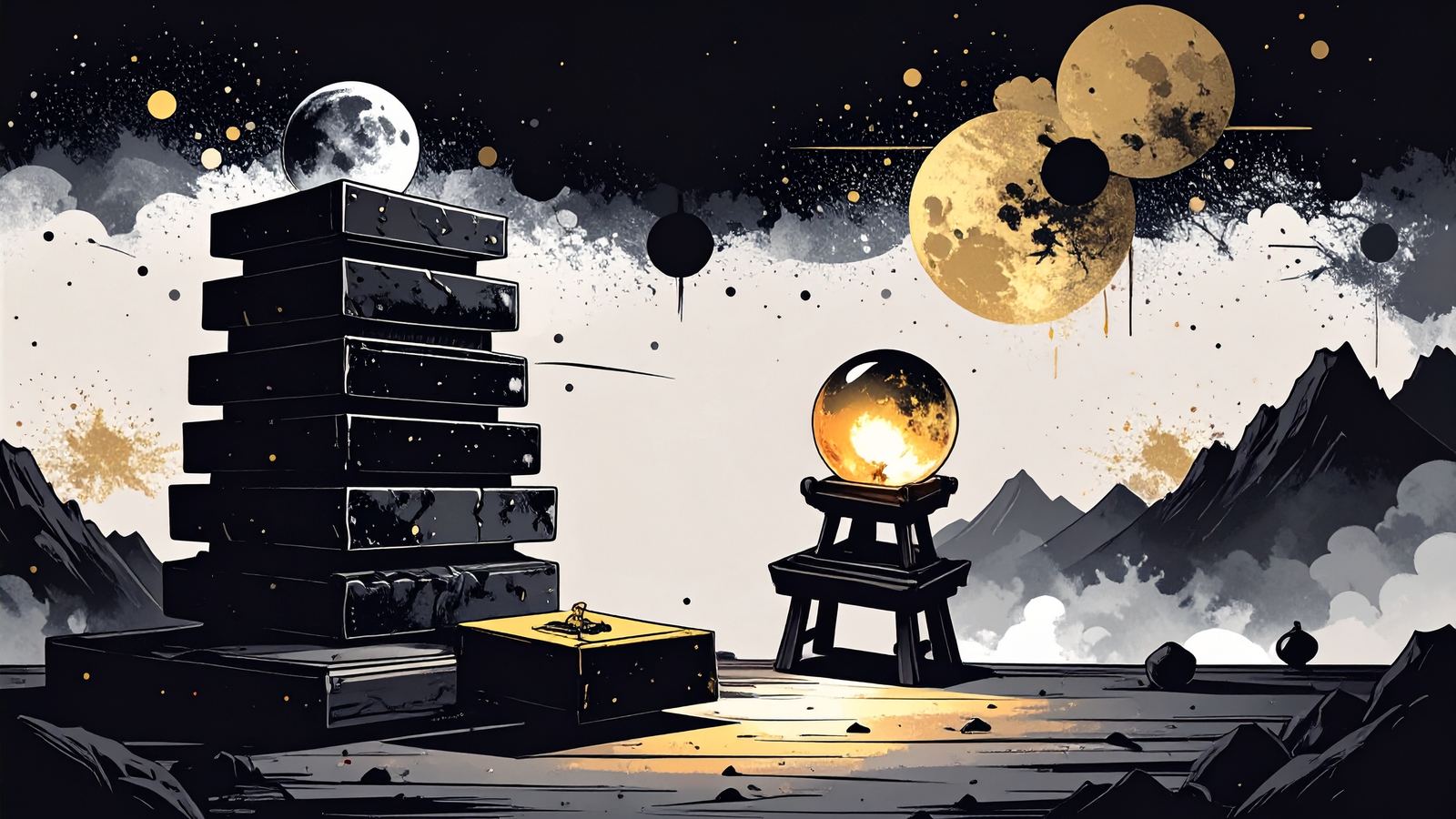 a workshop table with glowing slabs, a crystal ball, and one plain wooden box